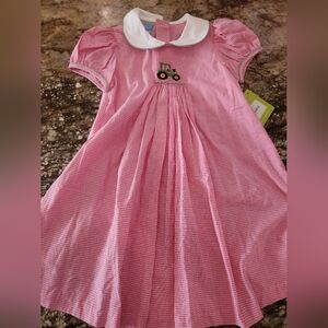 Pink Gingham Kids Dress with Tractor Embroidery